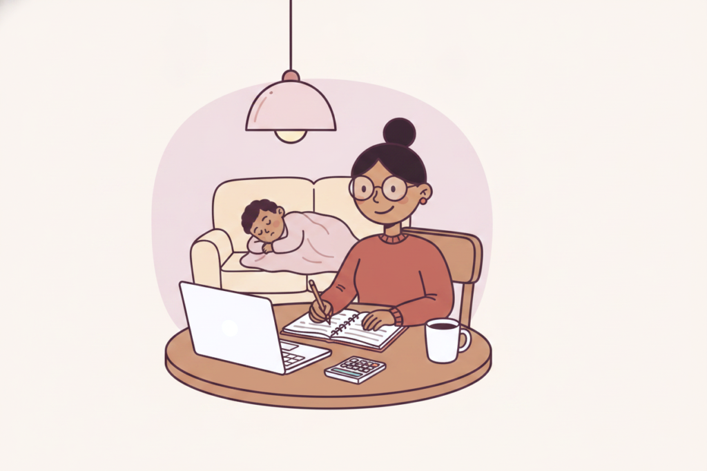 Marisol from the Success Squad works on her budget at the lamp-lit table while her child sleeps on the couch