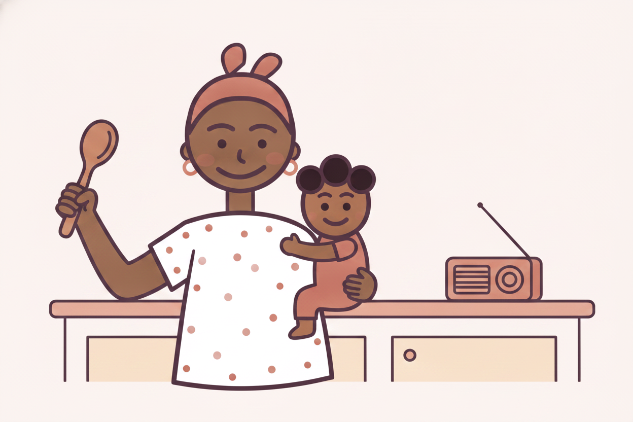 Tasha holds Zuri, wooden spoon up, radio on