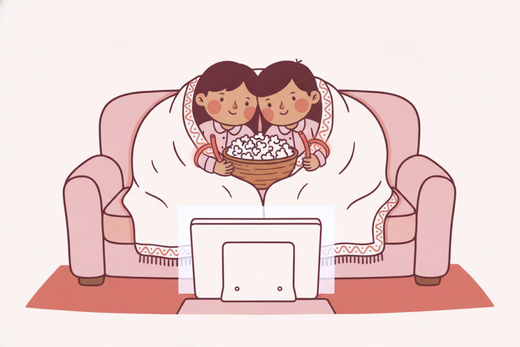 Movie night: two kids share a bowl of popcorn under a blanket on the couch