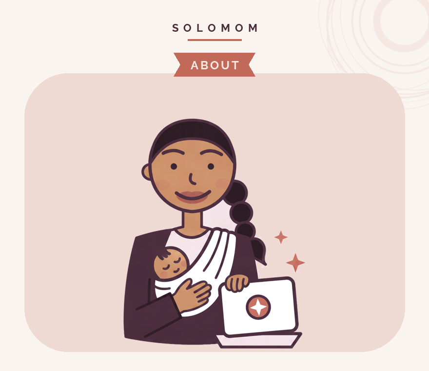 Priya from the Success Squad with her laptop and sleeping baby, under the SoloMom masthead
