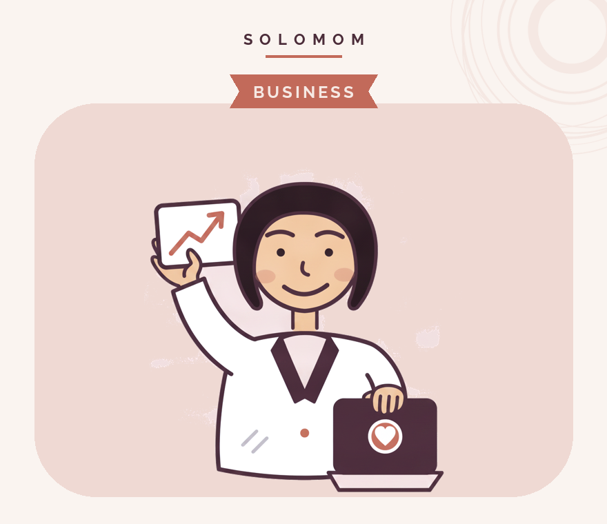 Bev from the Success Squad at her laptop, under the SoloMom Business masthead