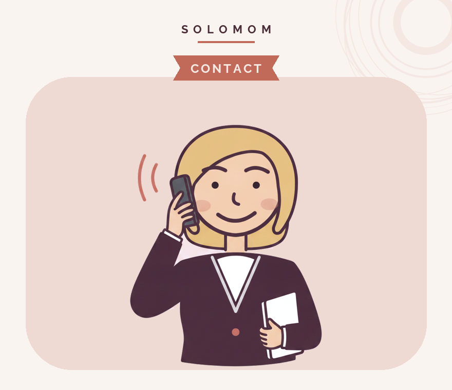Sloane from the Success Squad taking a call, under the SoloMom Contact masthead
