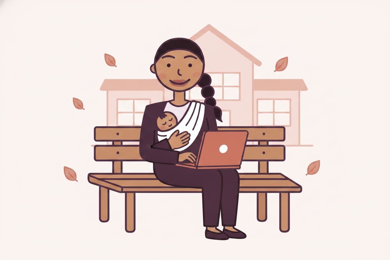 Illustration: Priya works at her kitchen table at 3:30 p.m. with a laptop and a ticking kitchen timer beside her, while her child does