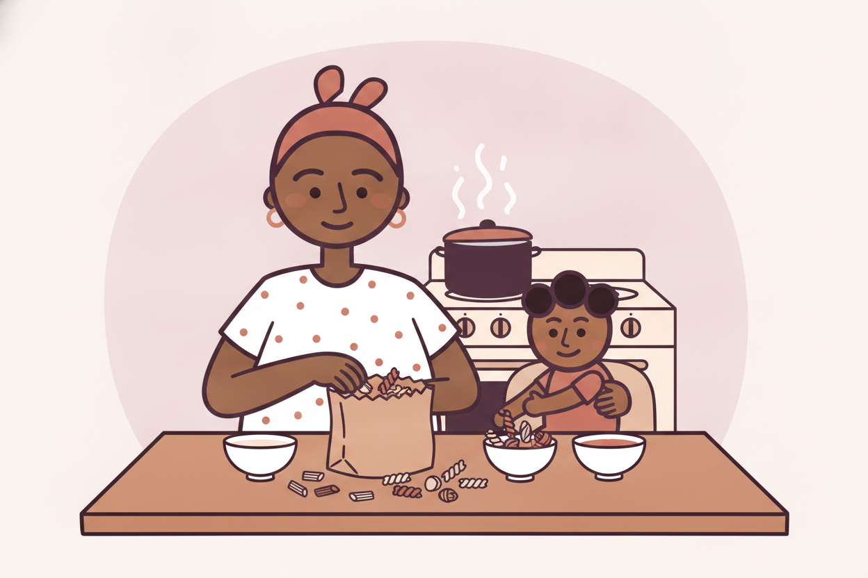 Illustration: Tasha and Zuri at the kitchen table after school, Zuri counting dry pasta from the estimation jar into groups of ten whi