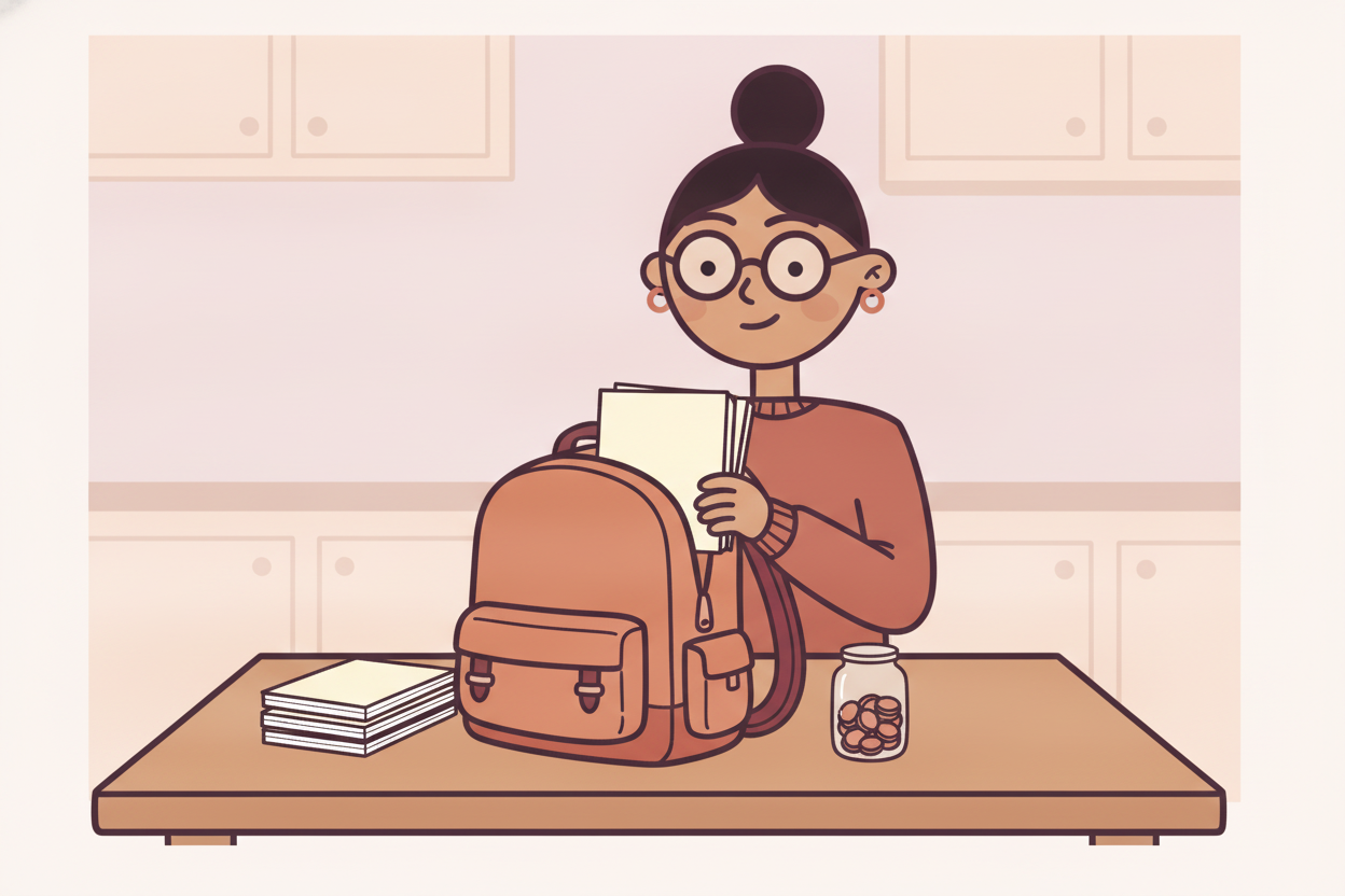 Illustration: Marisol sits at her kitchen table with the school supply list, a calculator, and labeled cash envelopes, writing cut-lis