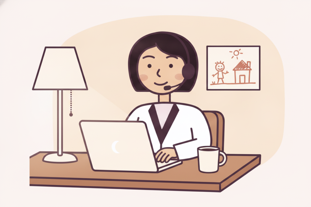 Bev from the Success Squad works from home at her laptop wearing a headset