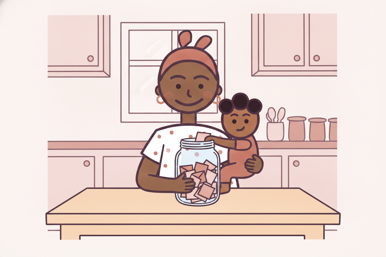 Illustration: Tasha holds out a big glass jar full of folded paper slips at the kitchen table while Zuri squeezes her eyes shut and pu