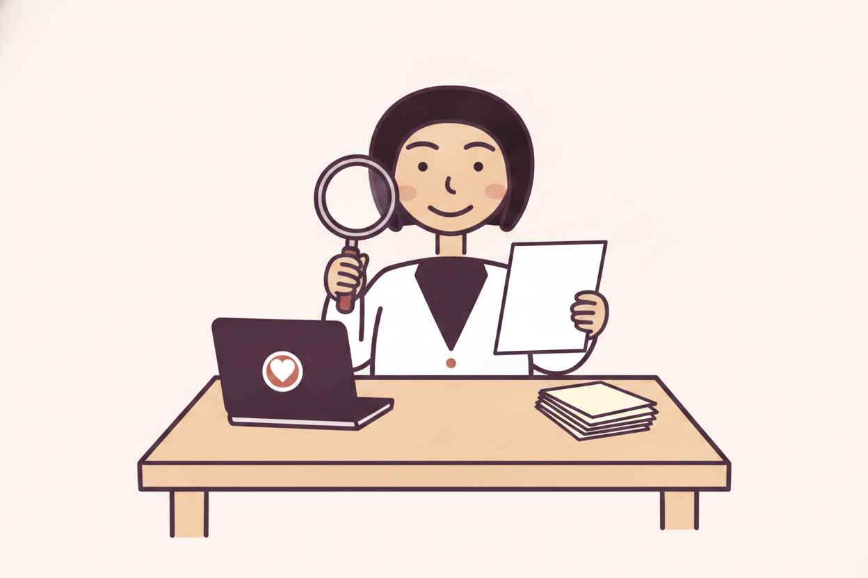 Illustration: Bev sits at her kitchen table checking a printed list of 11 grant programs against official websites on her laptop, stri