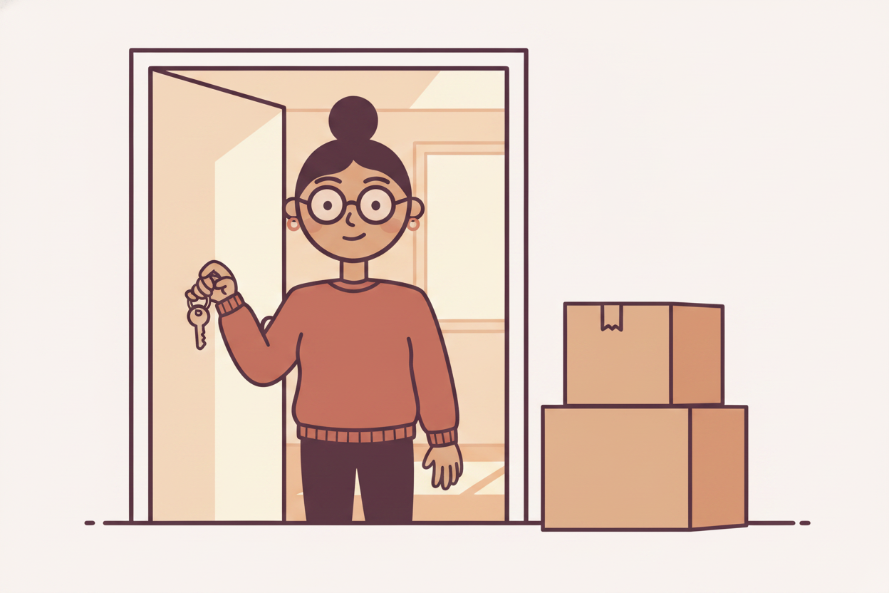 Illustration: Marisol sits at her kitchen table with a folder of pay stubs and circles her housing agency's waitlist opening date on a