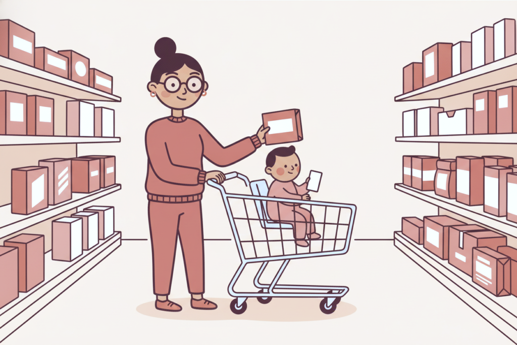 Marisol from the Success Squad shops the grocery aisle with her son in the cart