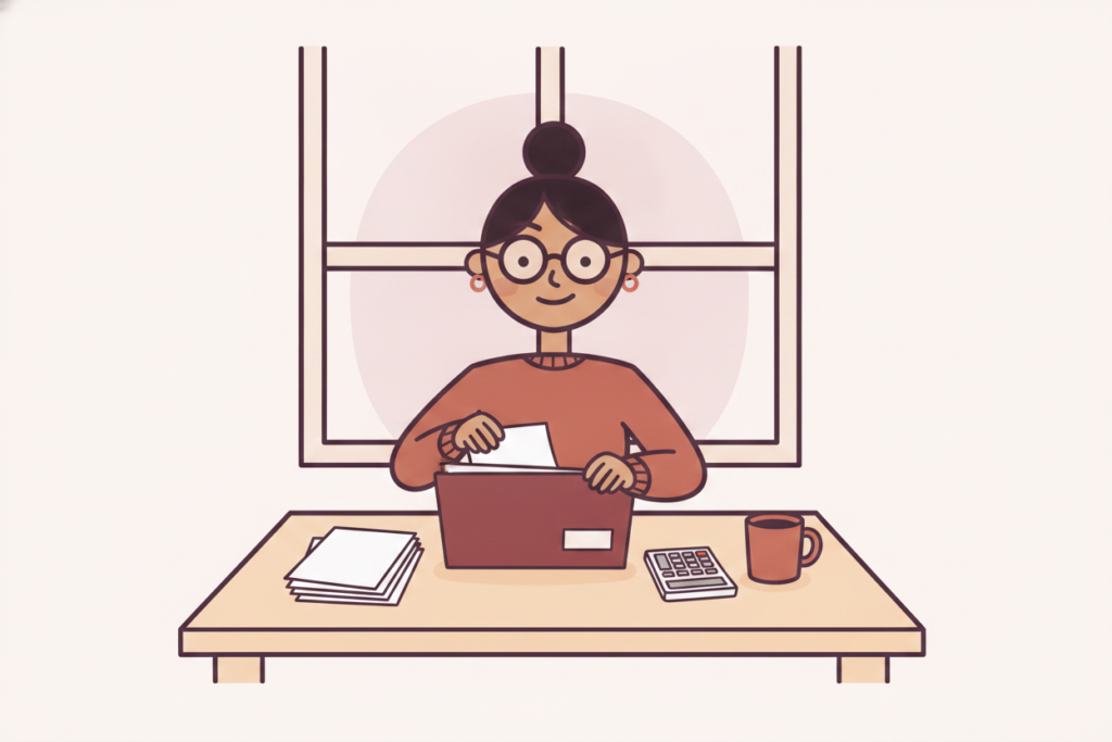 Marisol from the Success Squad files receipts into her tax folder at the window desk