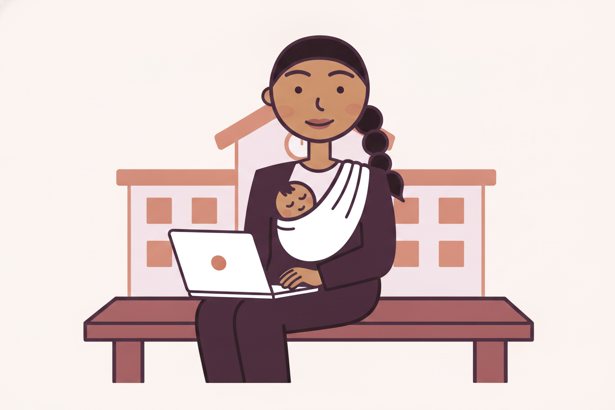 Priya from the Success Squad works on her laptop on a bench outside the school, baby in a sling