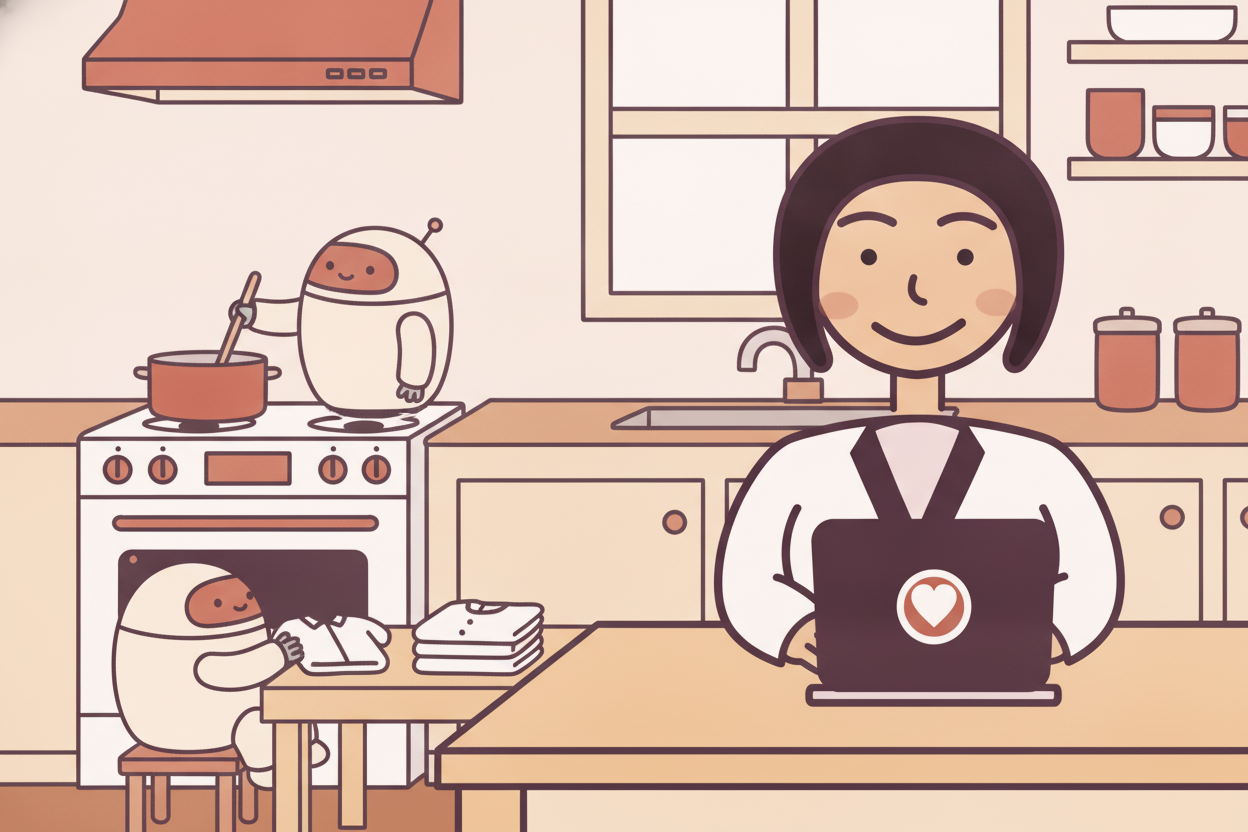 Illustration: Bev at the kitchen table on a Sunday night, phone propped against the fruit bowl showing a chat thread, copying an AI-dr