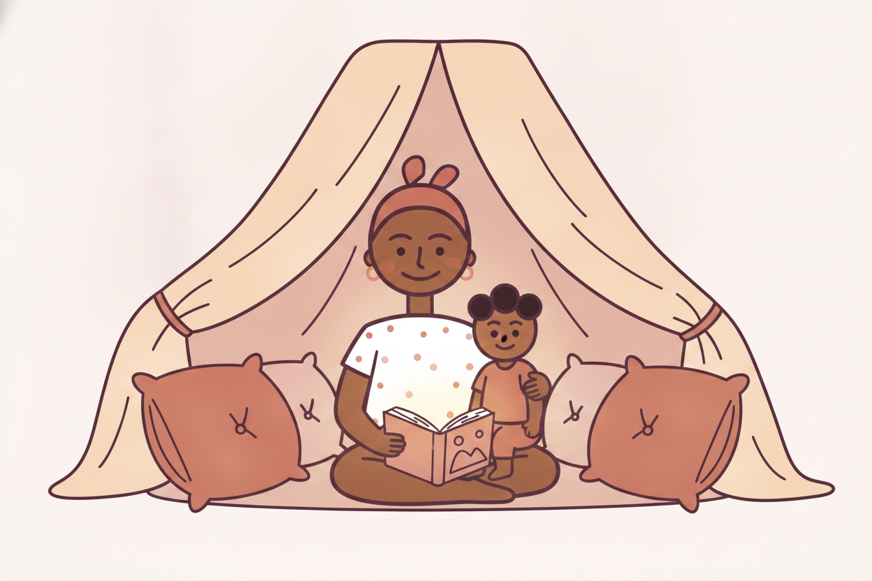 Tasha reads to Zuri inside a blanket fort