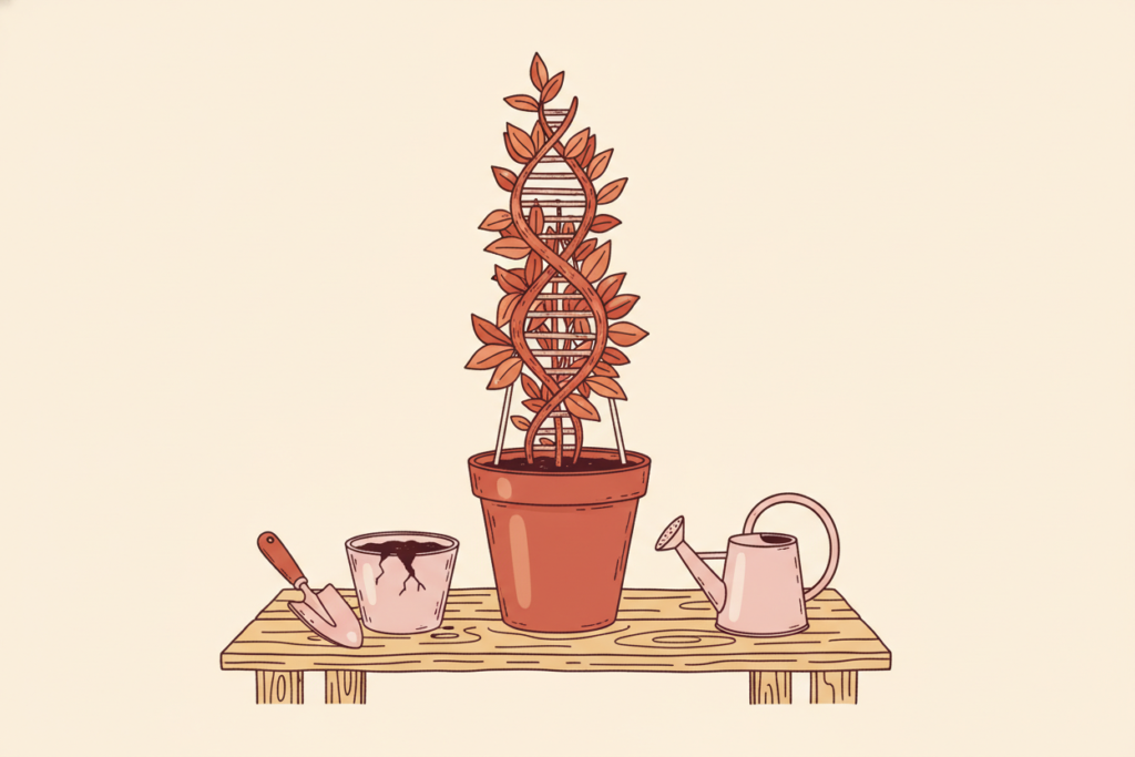 An illustration of a double-helix-shaped plant moved from a small cracked pot into a bigger sturdy pot on a garden bench.