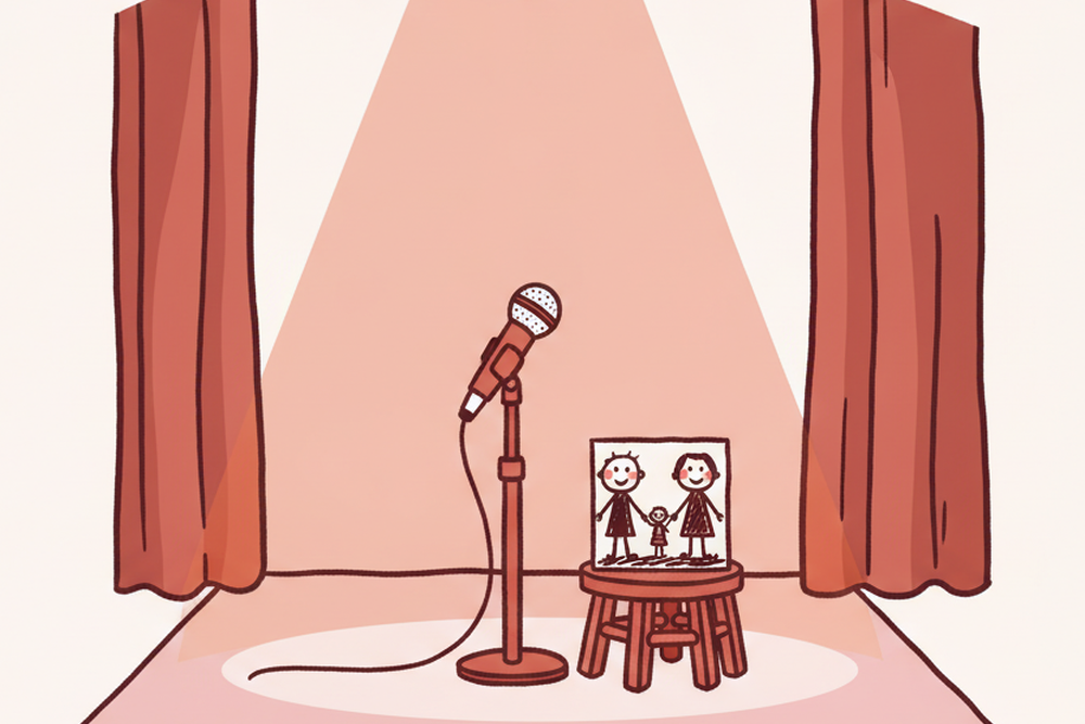 Illustration: a spotlit microphone on a stage with a family drawing on a stool