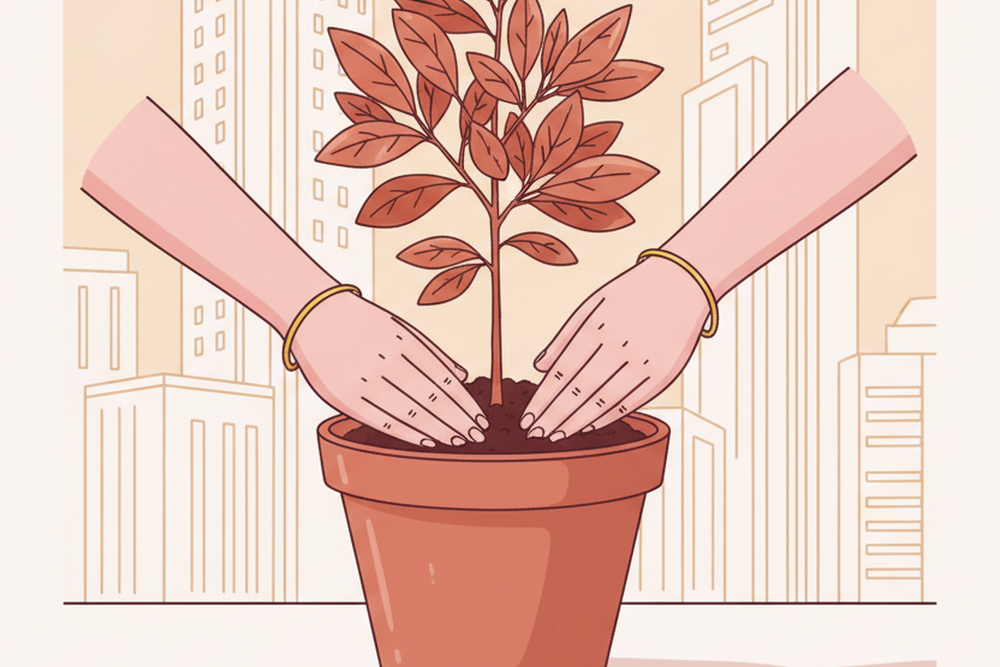 Illustration: hands plant a sapling in a pot against a skyline