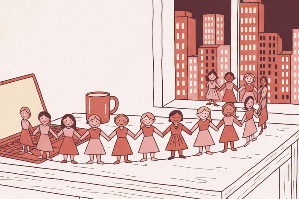 Illustration: a chain of paper-doll women unspools from a laptop toward a lit city