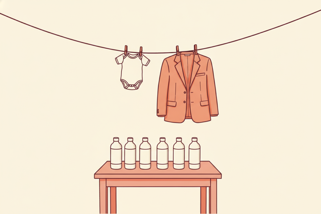 An illustration of a clothesline holding a baby onesie and a blazer above a kitchen table with a row of blank product bottles.