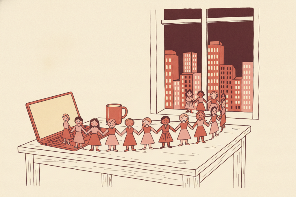 An illustration of a laptop on a kitchen table at night with a chain of paper doll women unspooling from the screen toward a lit city.