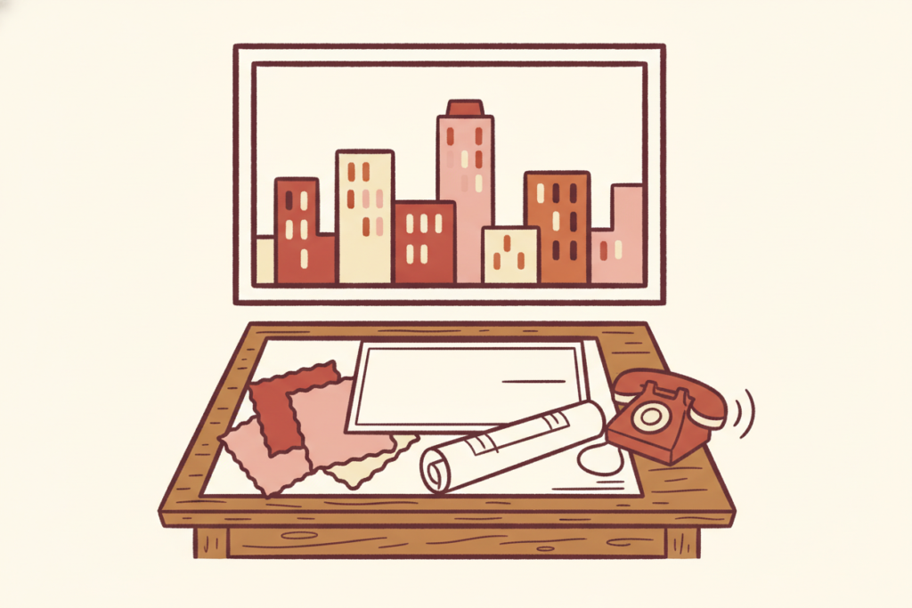 An illustration of a drafting table with fabric swatches, a floor plan, an oversized check, and a ringing desk phone under a city window.