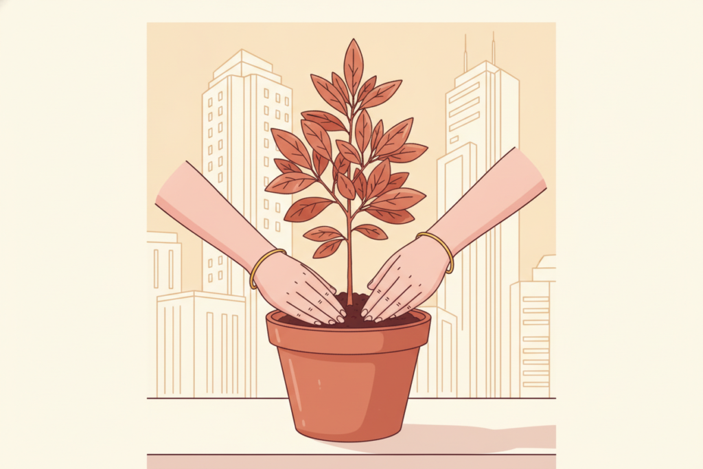 An illustration of hands planting a small sapling in a pot with tall city buildings behind.