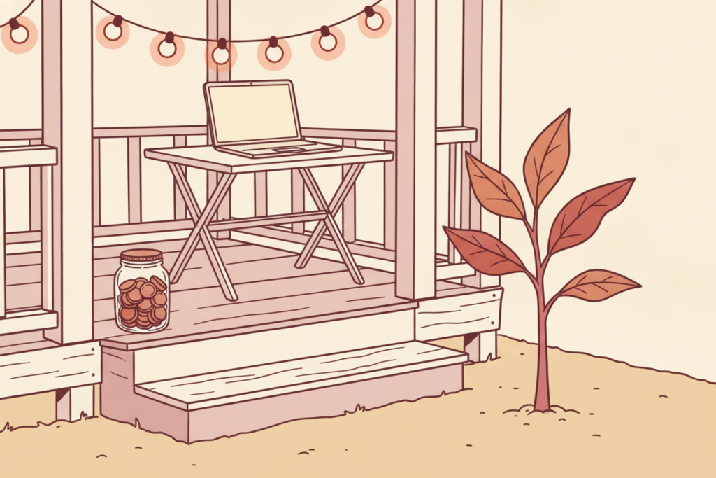 An illustration of a porch step with a jar of coins, a folding table with an open laptop, and a young sapling planted beside it.