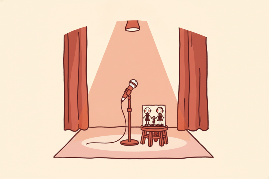 An illustration of a spotlight on an empty stage with one microphone and a child's drawing propped on a stool.
