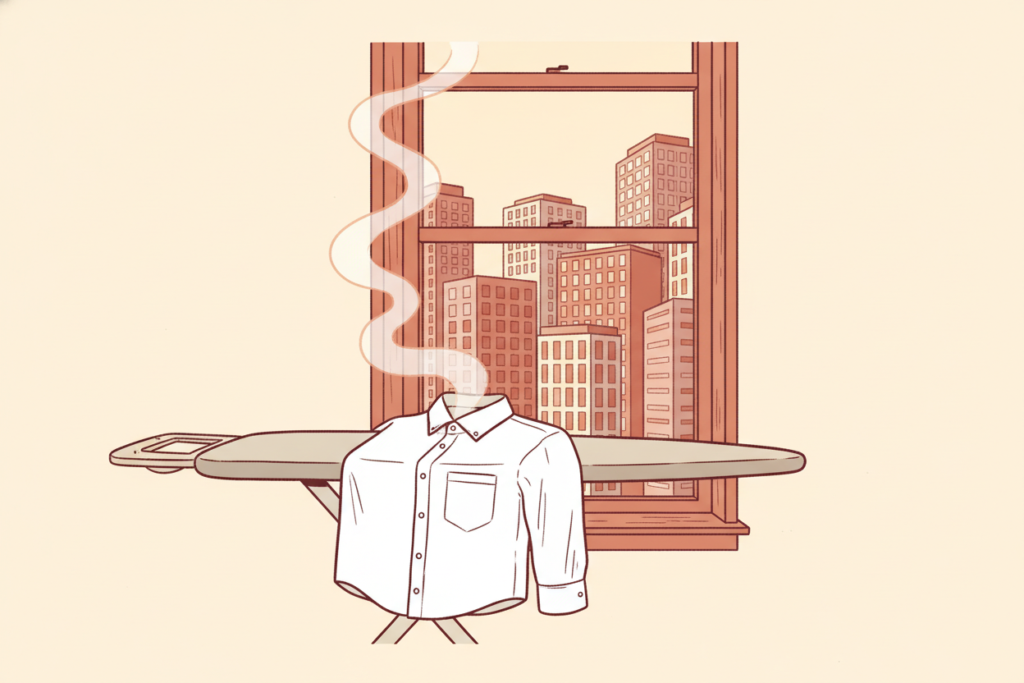 An illustration of an ironing board with a crisp white shirt and steam in front of a tenement window with office towers beyond.